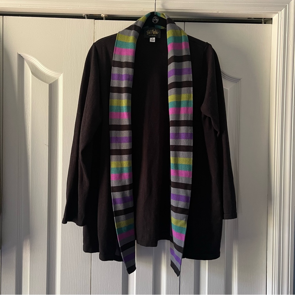 Bob Mackie Wearable Art Black Cardigan with Multicolor Striped Edge Size Medium